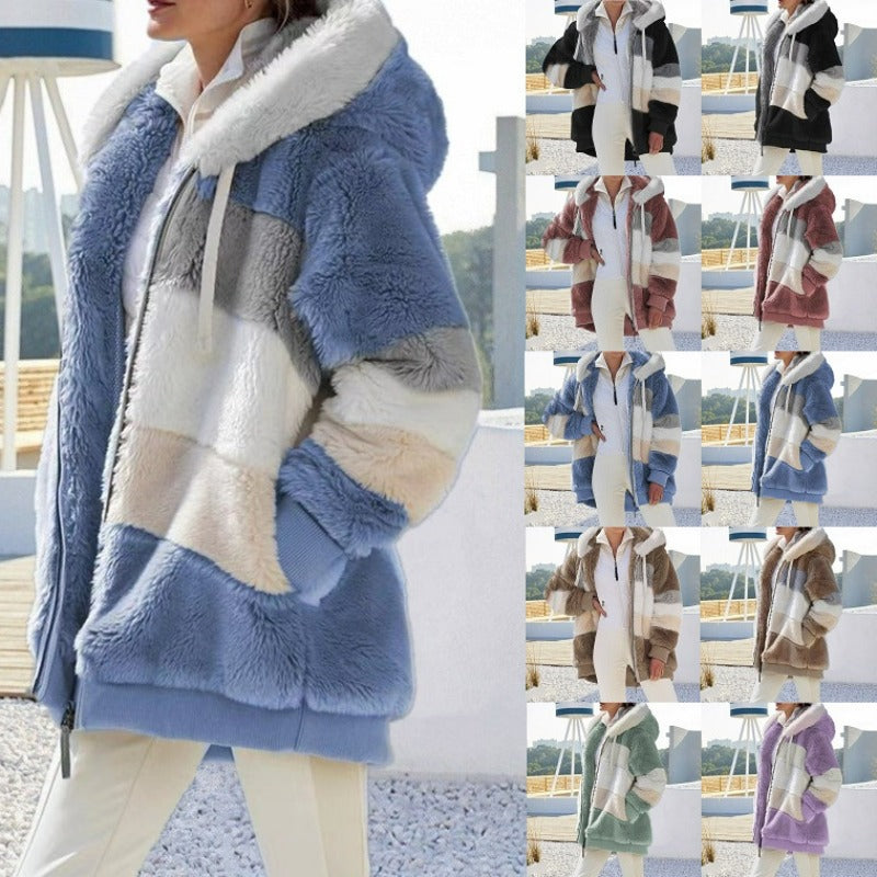 Oversized Plush Hooded Jacket for Women – Autumn/Winter Streetwear