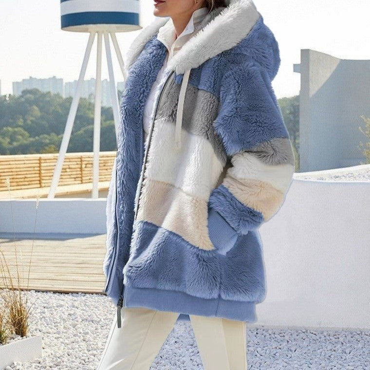 Oversized Plush Hooded Jacket for Women – Autumn/Winter Streetwear