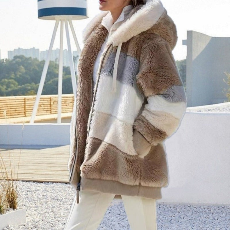 Oversized Plush Hooded Jacket for Women – Autumn/Winter Streetwear