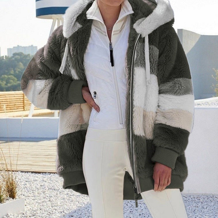 Oversized Plush Hooded Jacket for Women – Autumn/Winter Streetwear