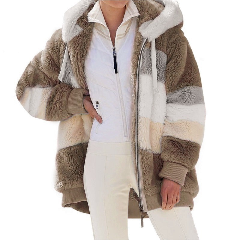 Oversized Plush Hooded Jacket for Women – Autumn/Winter Streetwear
