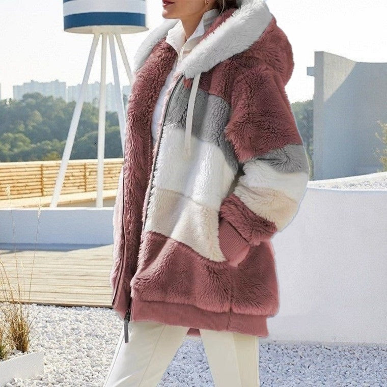 Oversized Plush Hooded Jacket for Women – Autumn/Winter Streetwear