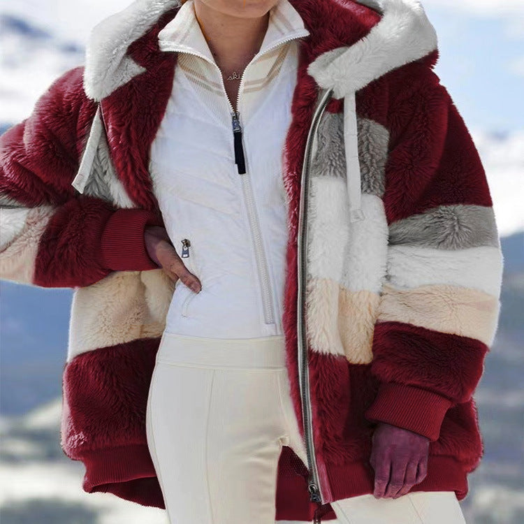 Oversized Plush Hooded Jacket for Women – Autumn/Winter Streetwear